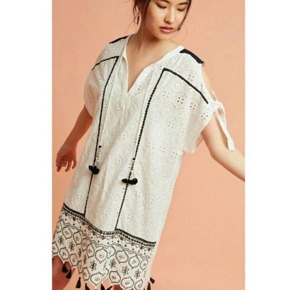Anthropologie Hemant & Nandita Aditya Cream Tie Short Sleeve Shift Dress - Picture 1 of 10